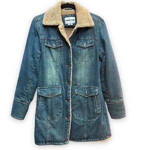 Charles Klein Denim Long Jean Jacket Faux Fur Y2K Women's Size M